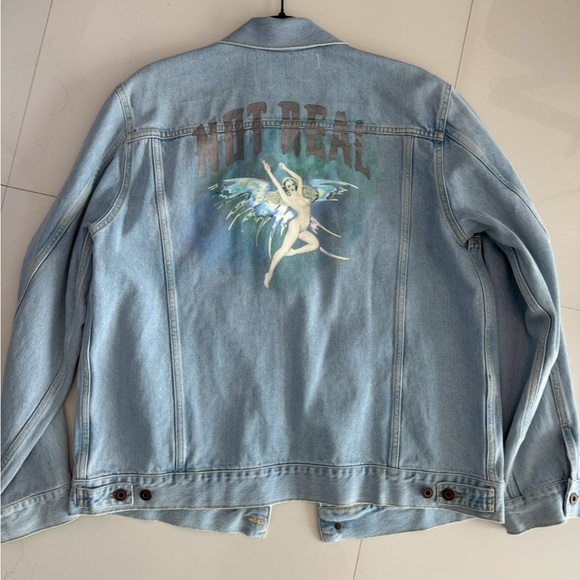 AUTHENTIC Off-White “Not Real” Graphic Denim Jacket Blue Size Small Preowned